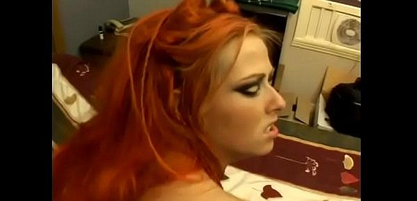  Redhead bitch with a beautiful tattoo loves to give a blowjob and gets cum on her face